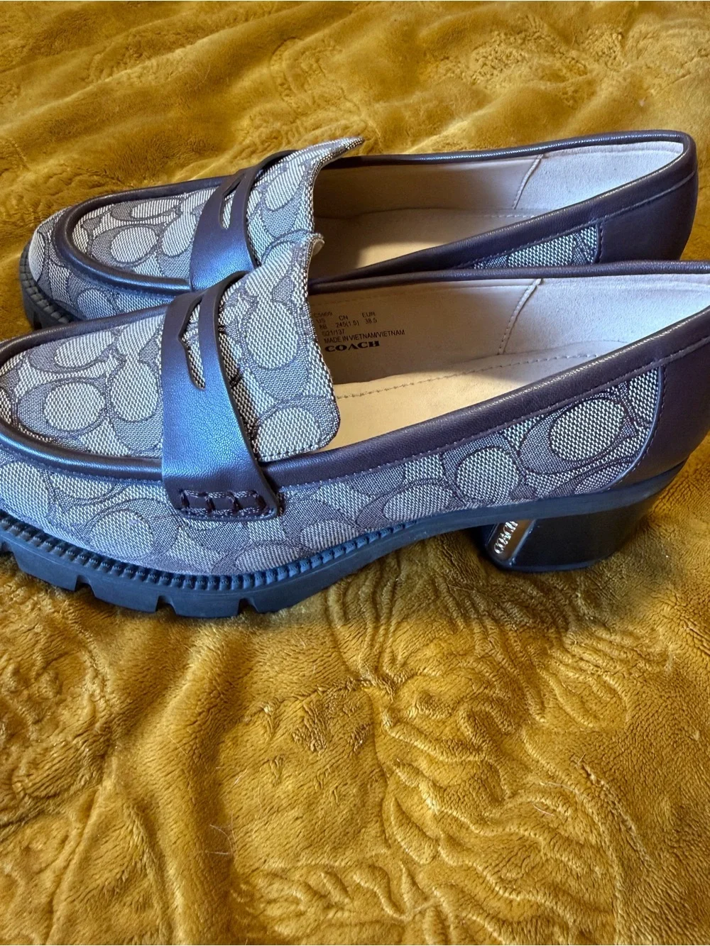 Coach Beige Signature Canvas Penny Loafers with Brown Trim